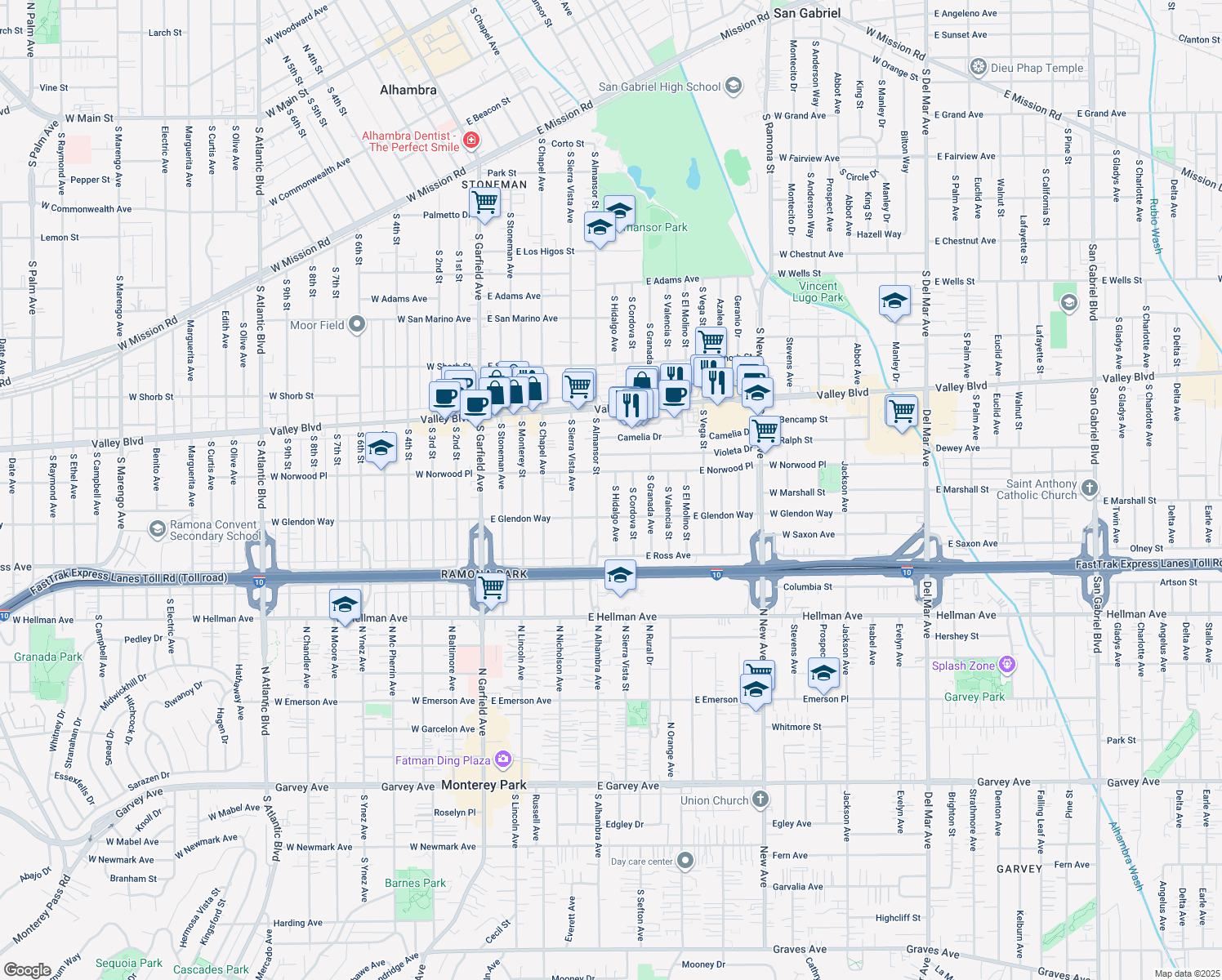 map of restaurants, bars, coffee shops, grocery stores, and more near 1617 S Hidalgo Ave in Alhambra