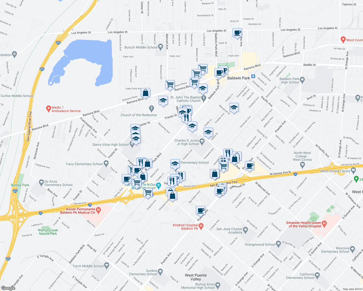 map of restaurants, bars, coffee shops, grocery stores, and more near 13817 Durness Street in Baldwin Park