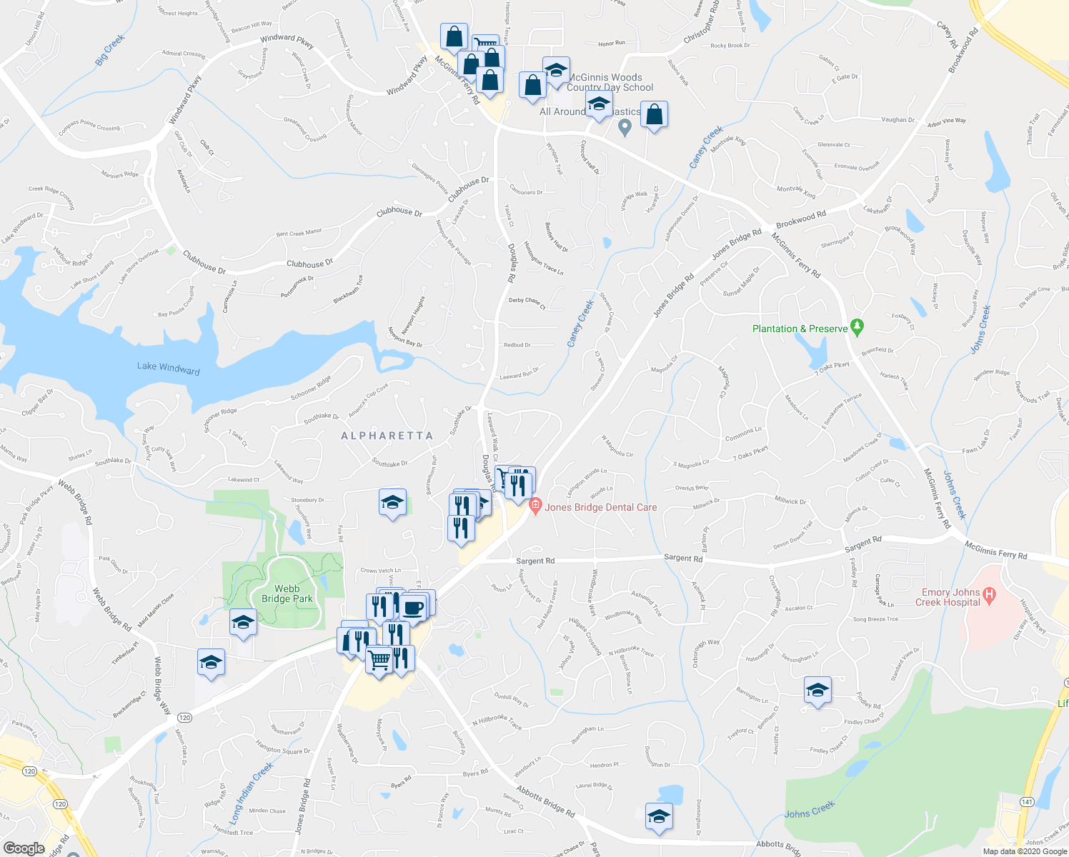 map of restaurants, bars, coffee shops, grocery stores, and more near 545 Creek Landing Lane in Alpharetta