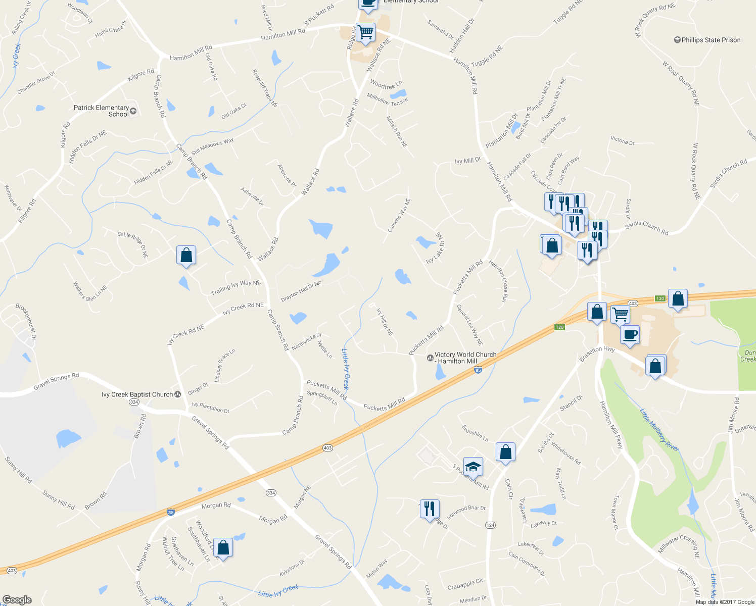 map of restaurants, bars, coffee shops, grocery stores, and more near 2865 Ivy Hill Drive Northeast in Buford