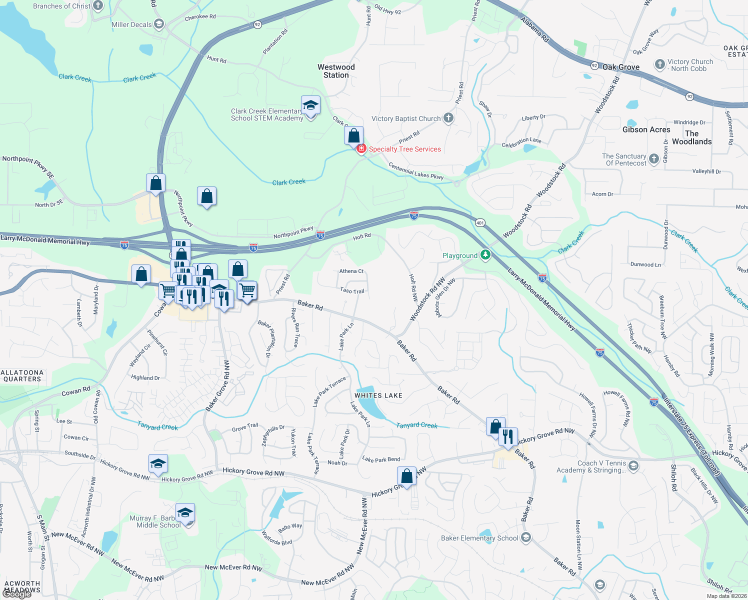 map of restaurants, bars, coffee shops, grocery stores, and more near 1051 Athena Ct in Acworth