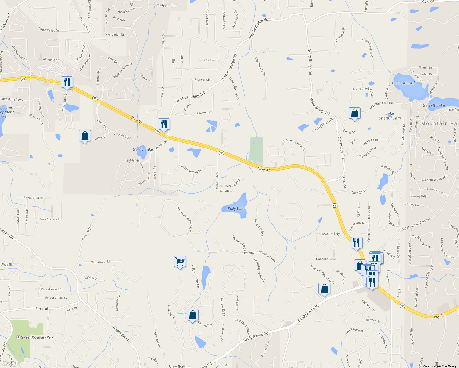 map of restaurants, bars, coffee shops, grocery stores, and more near 6005 Cherecobb Ln in Woodstock