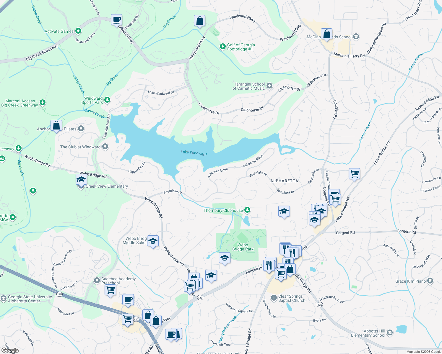 map of restaurants, bars, coffee shops, grocery stores, and more near 1930 7 Seas Ct in Alpharetta