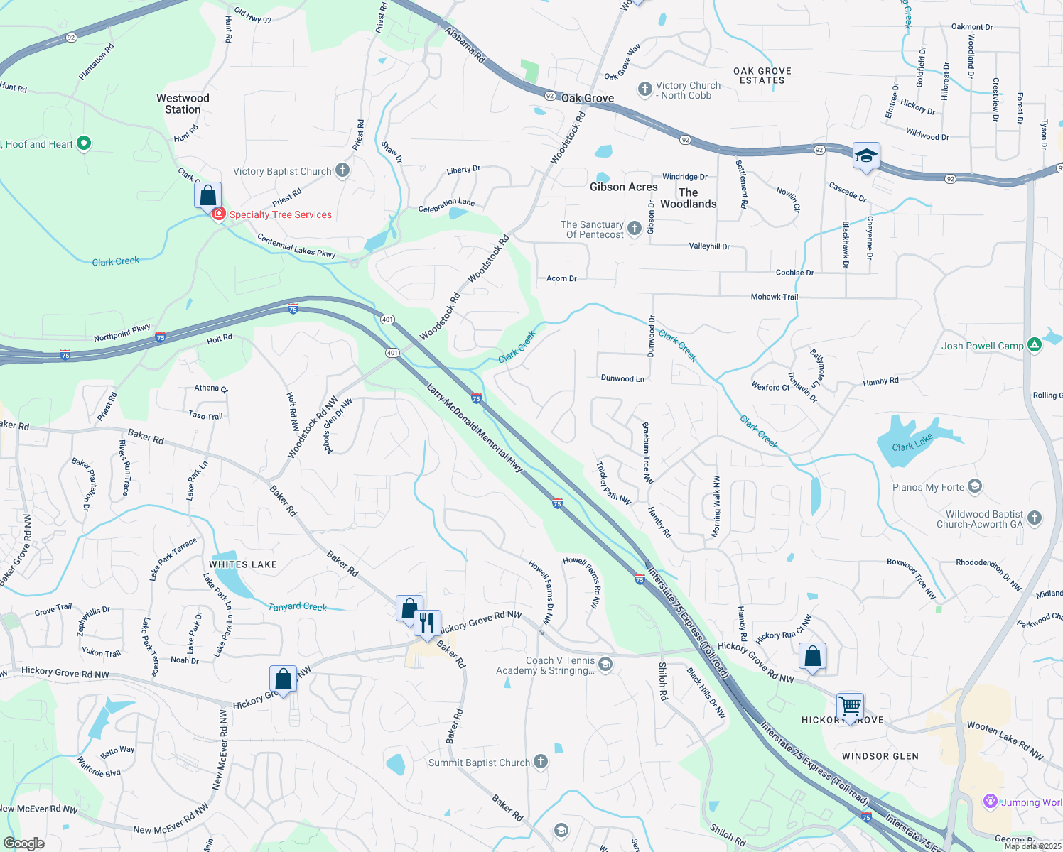 map of restaurants, bars, coffee shops, grocery stores, and more near 2401 Centennial Hill Way NW in Acworth