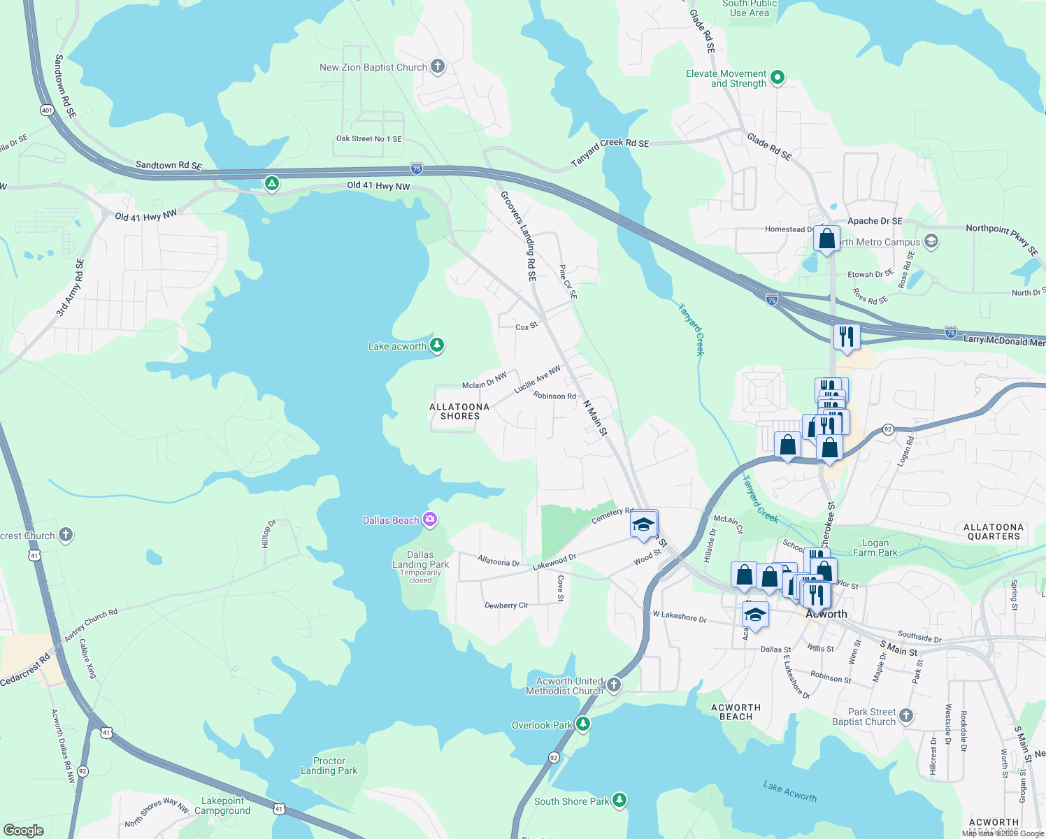 map of restaurants, bars, coffee shops, grocery stores, and more near 4978 Holborn Ct in Acworth