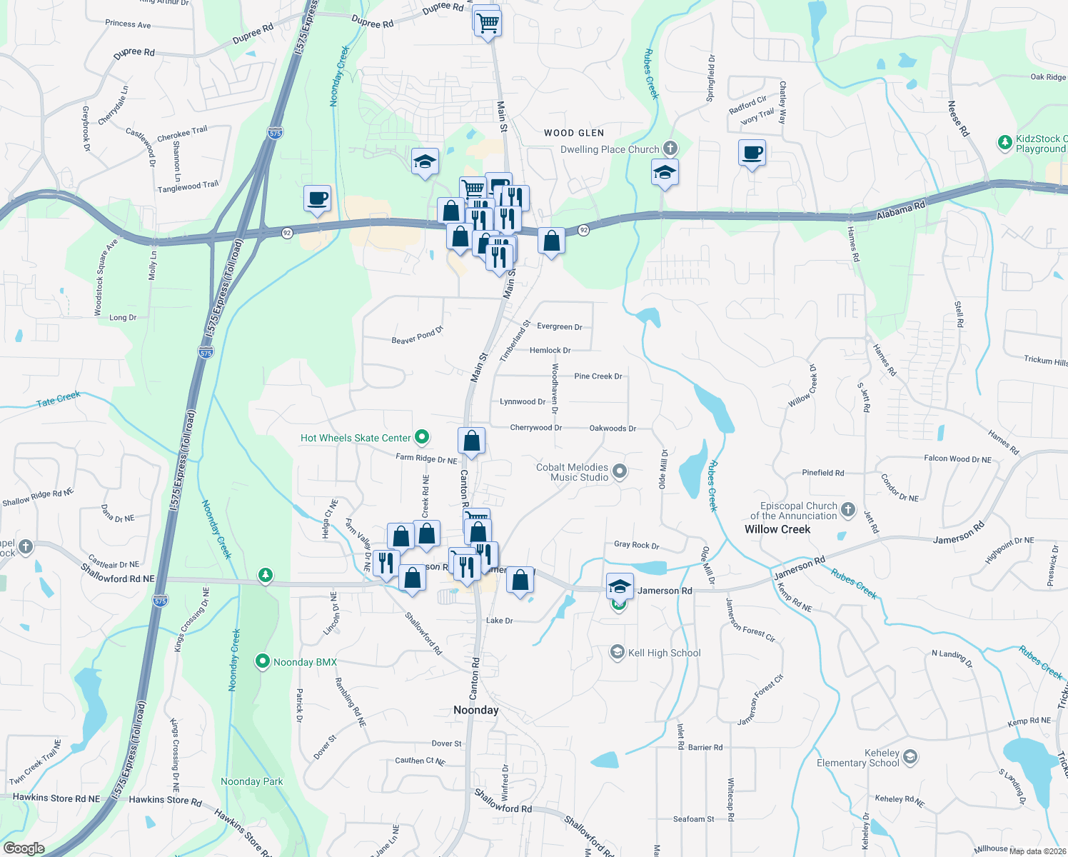 map of restaurants, bars, coffee shops, grocery stores, and more near 218 Cherrywood Dr in Woodstock