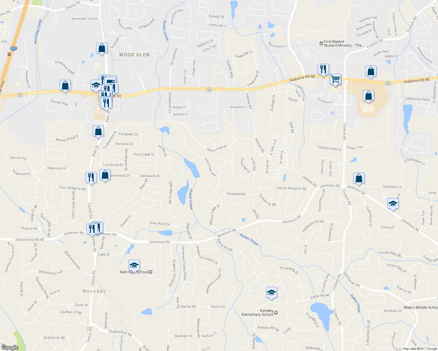 map of restaurants, bars, coffee shops, grocery stores, and more near 5217 Willow Ridge Drive in Woodstock