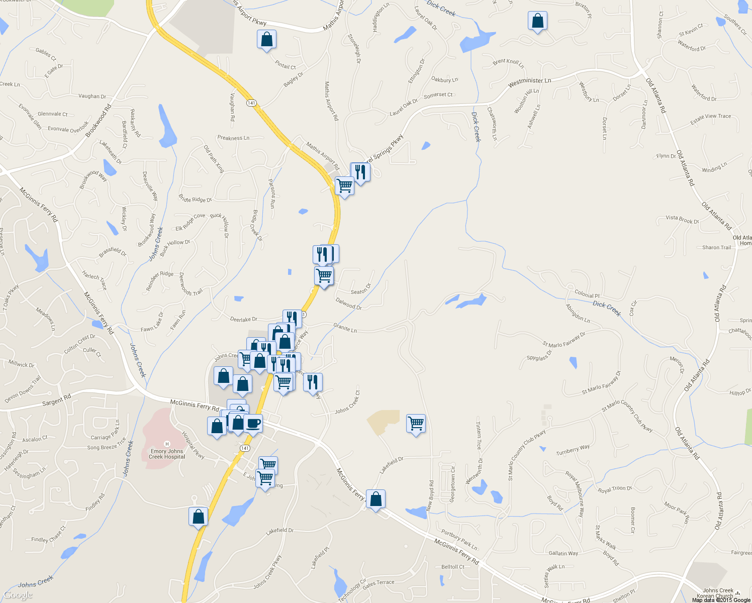 map of restaurants, bars, coffee shops, grocery stores, and more near 3845 Dalwood Dr in Suwanee