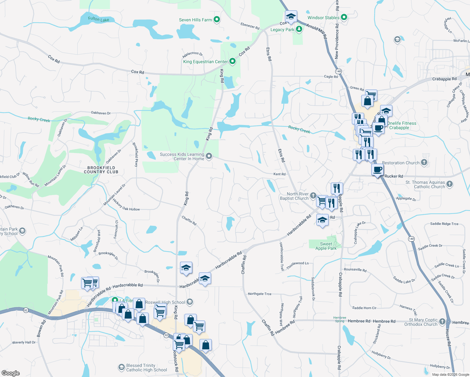 map of restaurants, bars, coffee shops, grocery stores, and more near 12115 Wexford Club Dr in Roswell