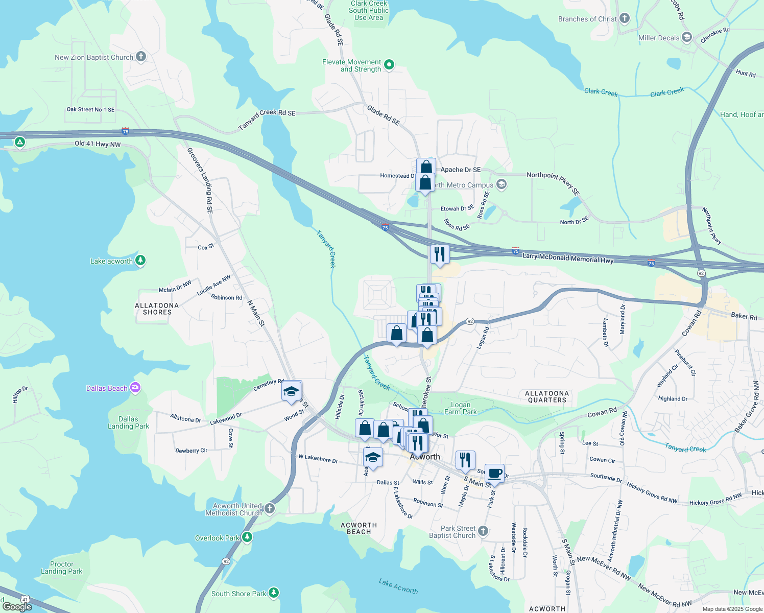 map of restaurants, bars, coffee shops, grocery stores, and more near 4677 Liberty Square Drive in Acworth