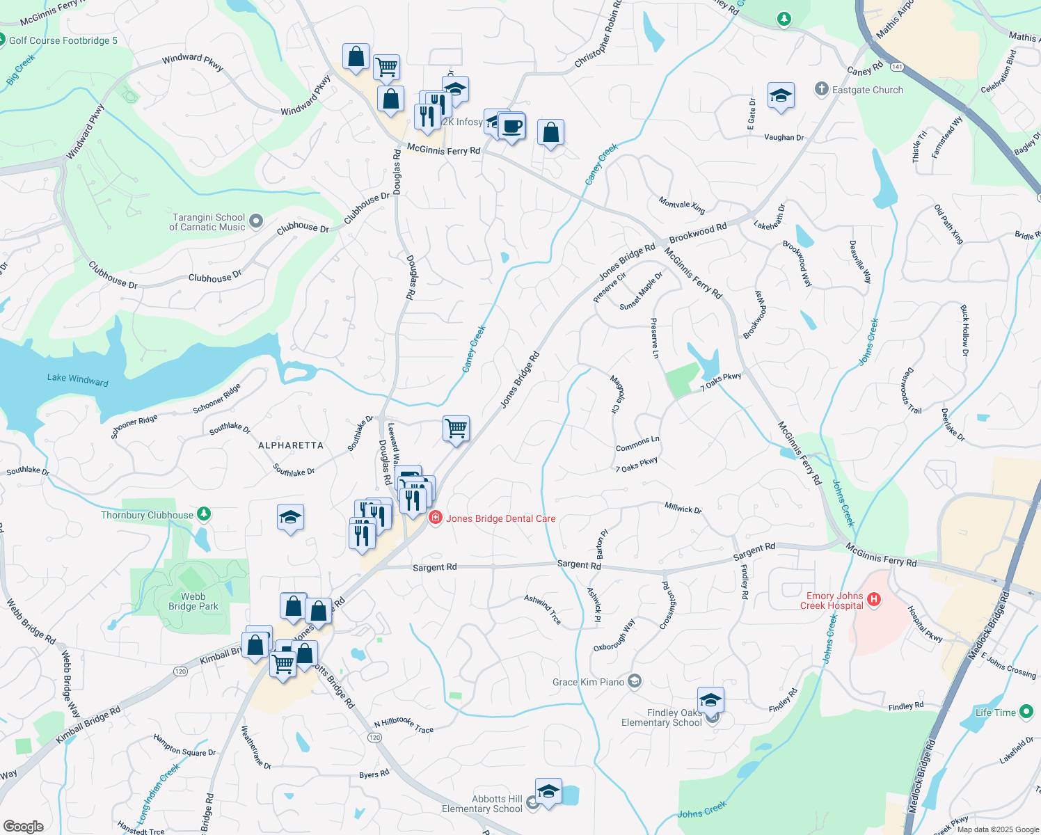 map of restaurants, bars, coffee shops, grocery stores, and more near 12480 Magnolia Circle in Alpharetta