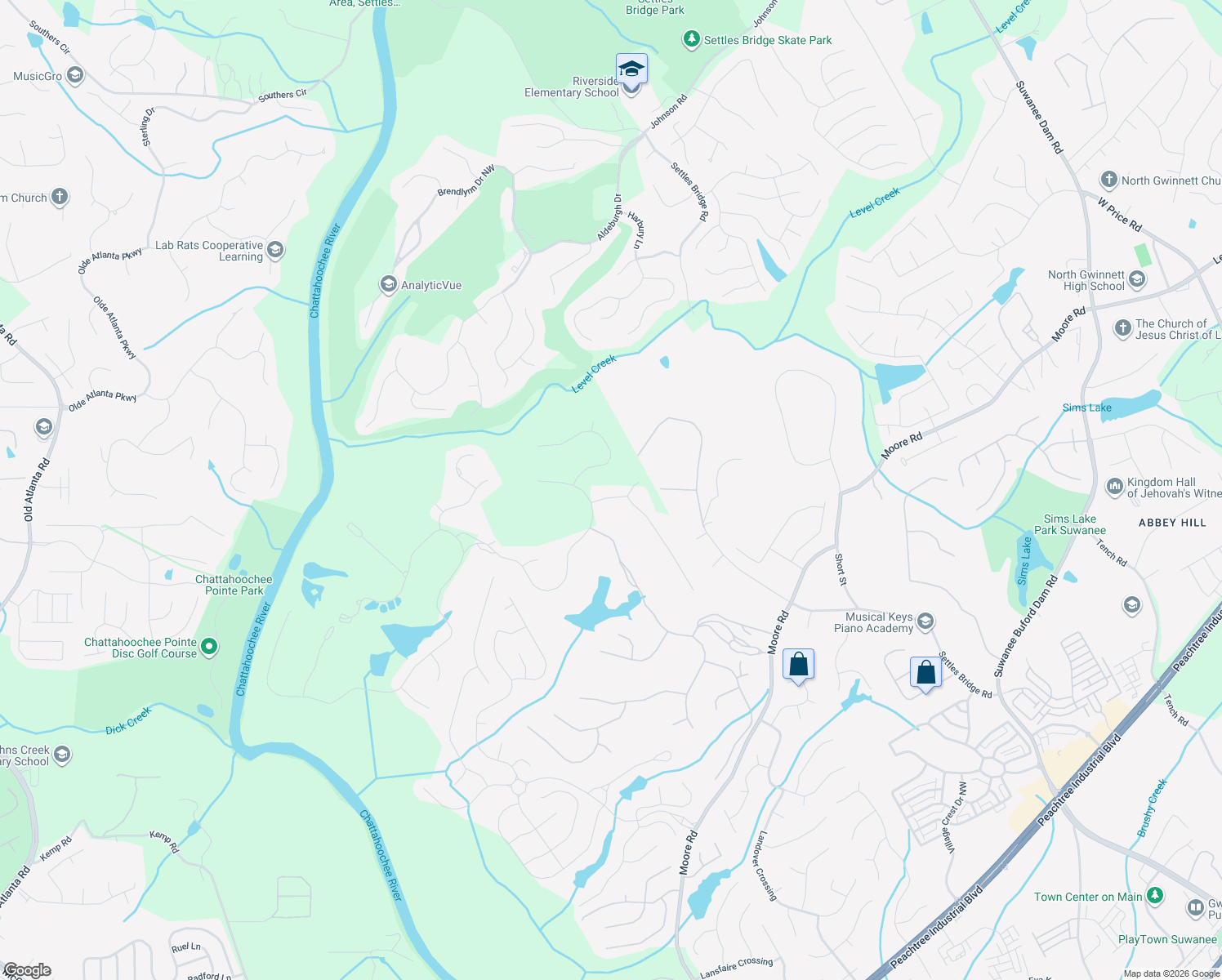 map of restaurants, bars, coffee shops, grocery stores, and more near 4998 Gunnison Trace in Suwanee