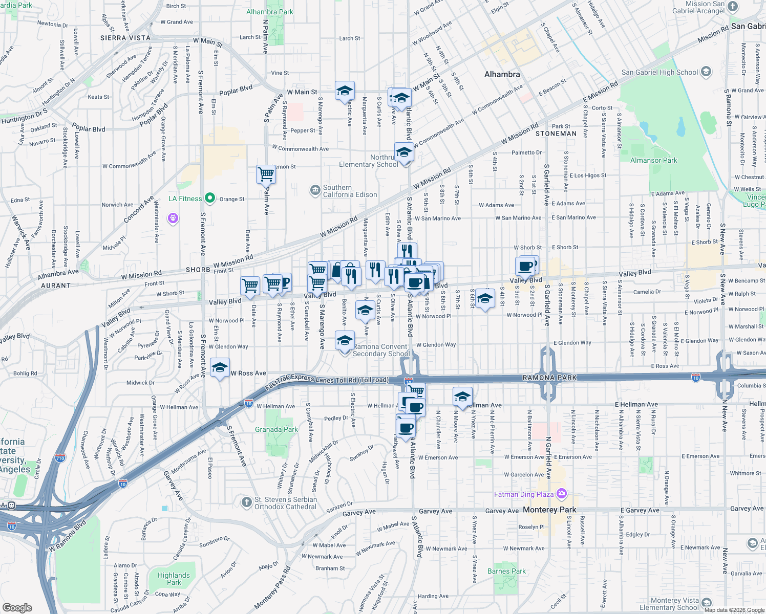 map of restaurants, bars, coffee shops, grocery stores, and more near 1510 South Curtis Avenue in Alhambra