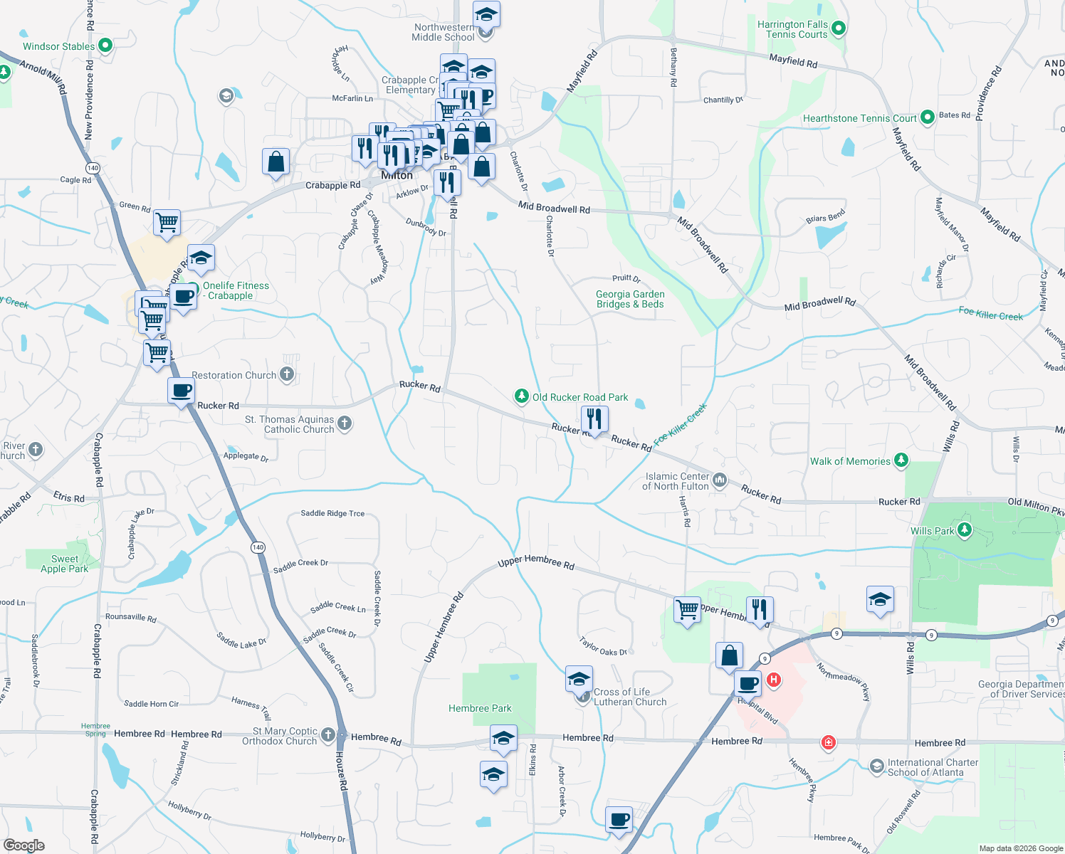 map of restaurants, bars, coffee shops, grocery stores, and more near 12100 Brookmill Point in Alpharetta