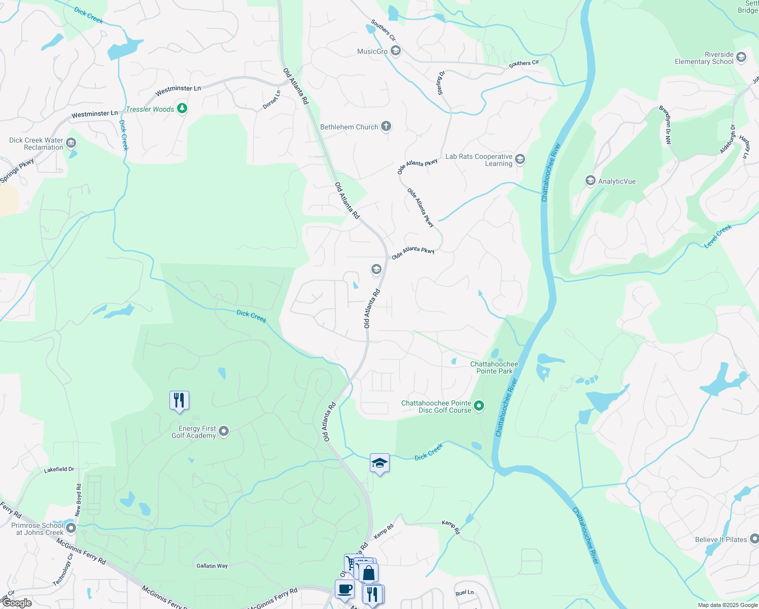 map of restaurants, bars, coffee shops, grocery stores, and more near 5715 Rocky Falls Road in Suwanee