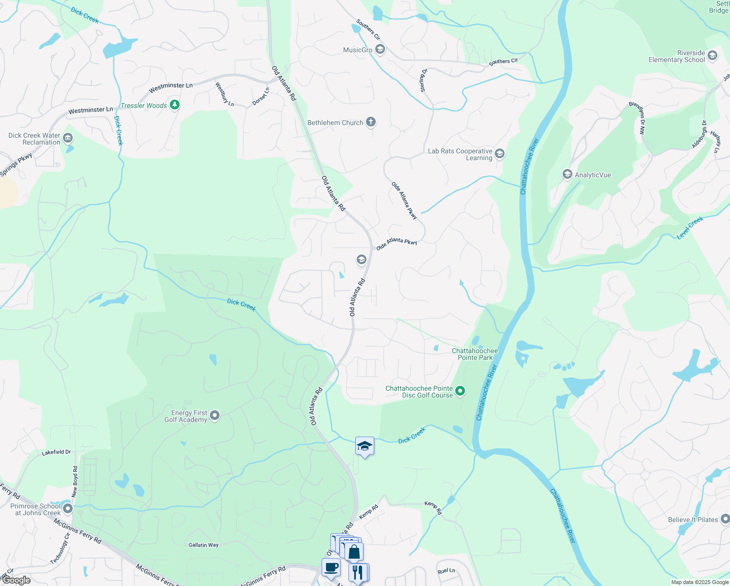 map of restaurants, bars, coffee shops, grocery stores, and more near 5715 Rocky Falls Road in Suwanee