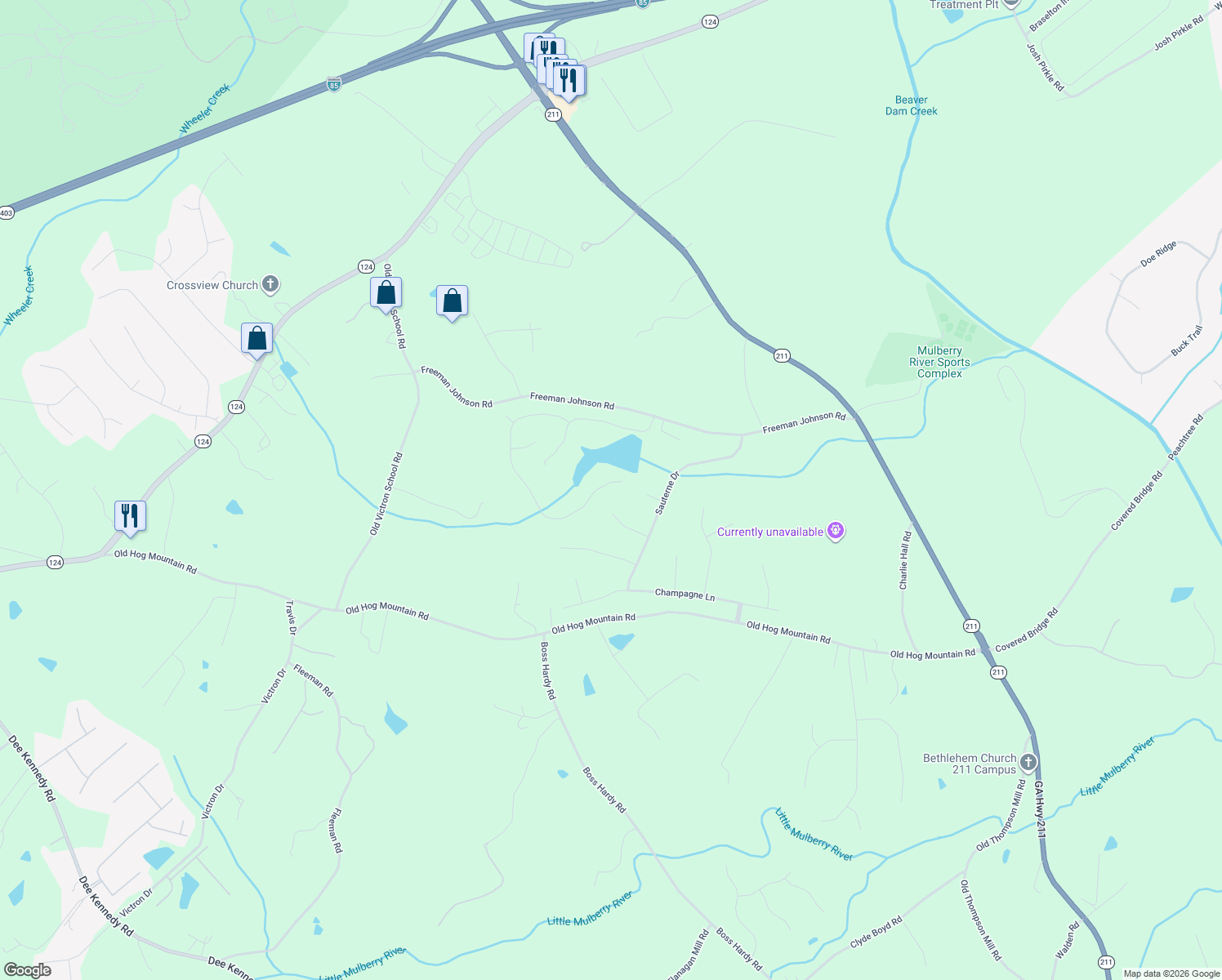 map of restaurants, bars, coffee shops, grocery stores, and more near 1061 Arbor Lake Walk in Hoschton