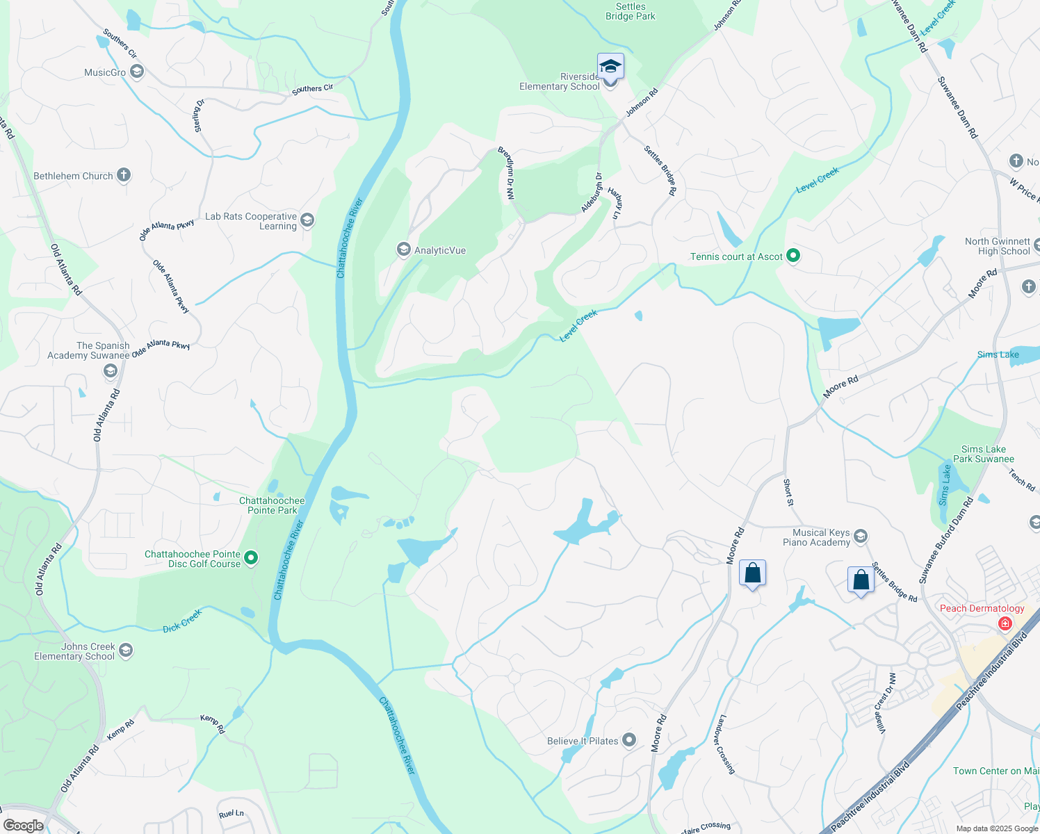 map of restaurants, bars, coffee shops, grocery stores, and more near 709 Middle Fork Trail in Suwanee