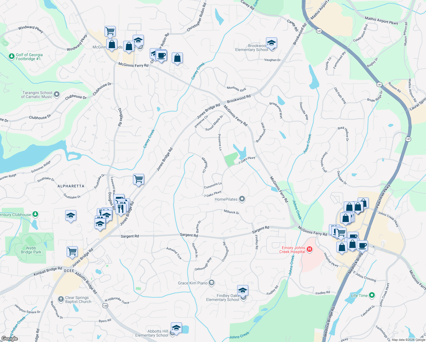 map of restaurants, bars, coffee shops, grocery stores, and more near 600 Boxwood Terrace in Alpharetta