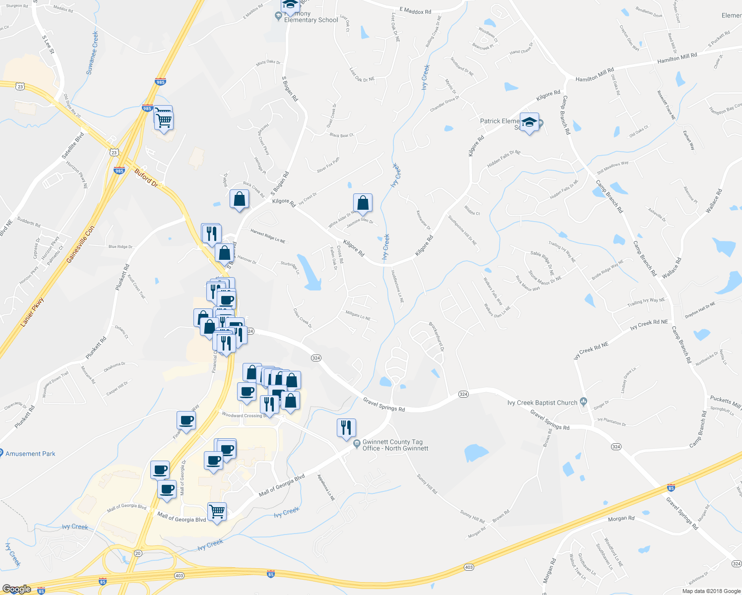 map of restaurants, bars, coffee shops, grocery stores, and more near 2190 Copper Trail Lane Northeast in Buford