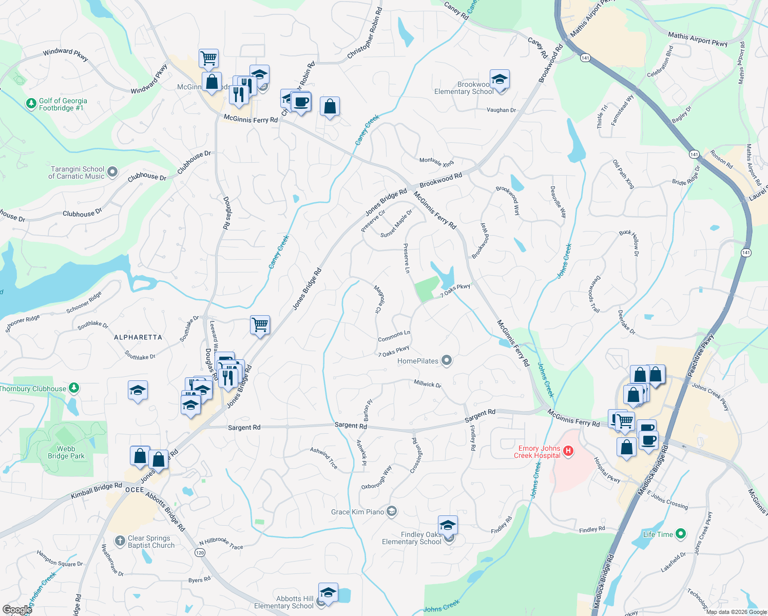 map of restaurants, bars, coffee shops, grocery stores, and more near 12195 Magnolia Circle in Alpharetta