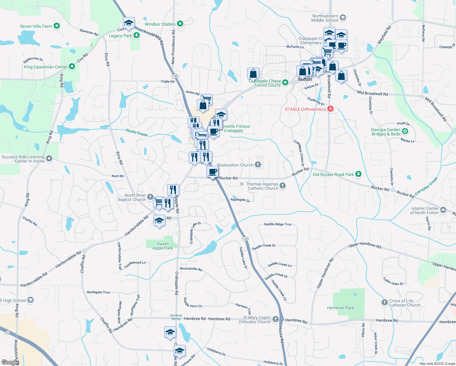 map of restaurants, bars, coffee shops, grocery stores, and more near 550 Mae Ln in Alpharetta