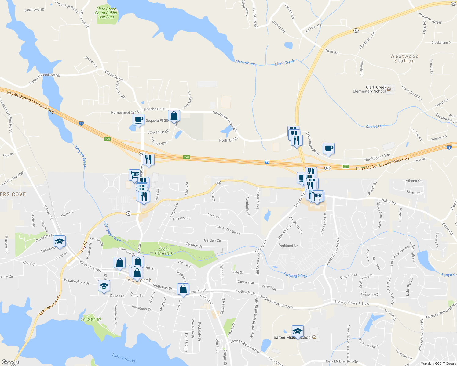 map of restaurants, bars, coffee shops, grocery stores, and more near 3904 Keystone Ridge in Acworth