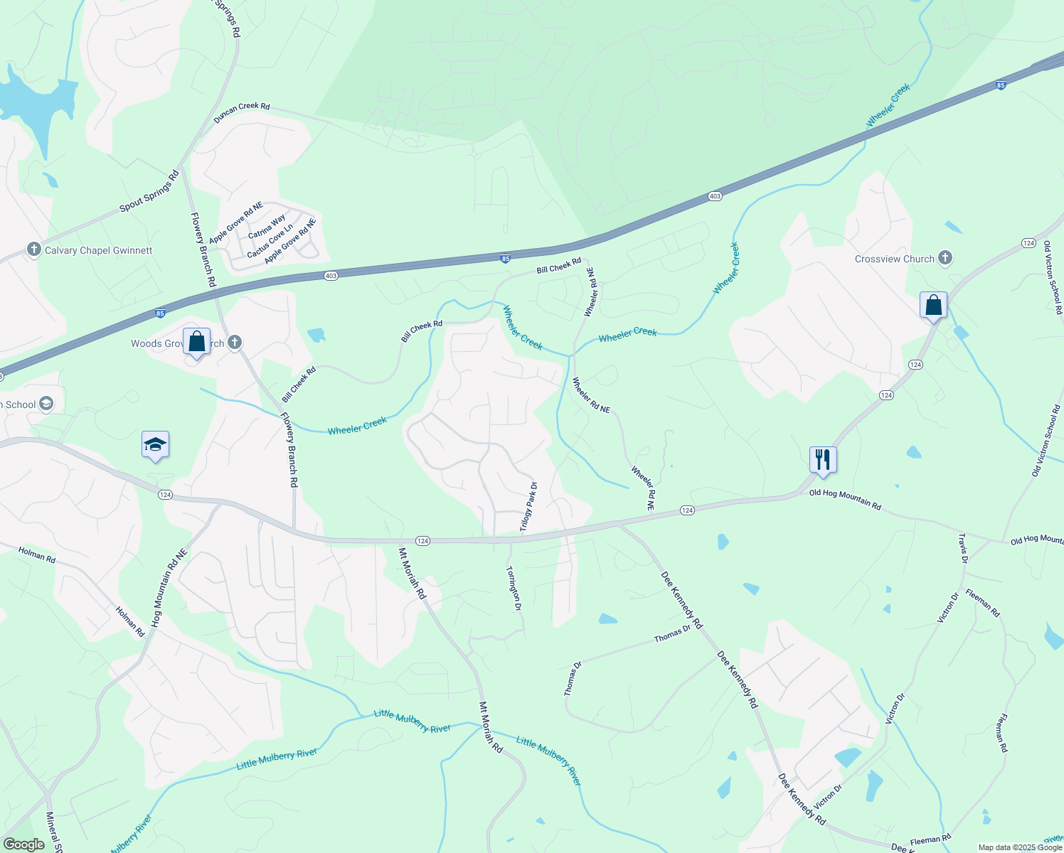 map of restaurants, bars, coffee shops, grocery stores, and more near 5093 Heartland Tr Northeast in Hoschton