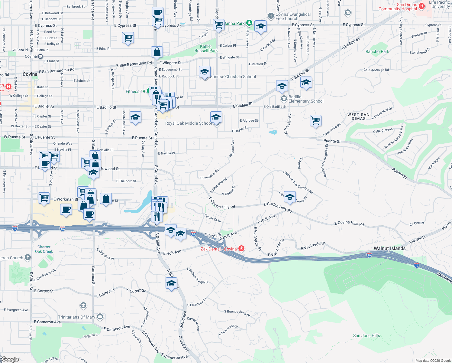 map of restaurants, bars, coffee shops, grocery stores, and more near 654 South Chaparro Road in Covina