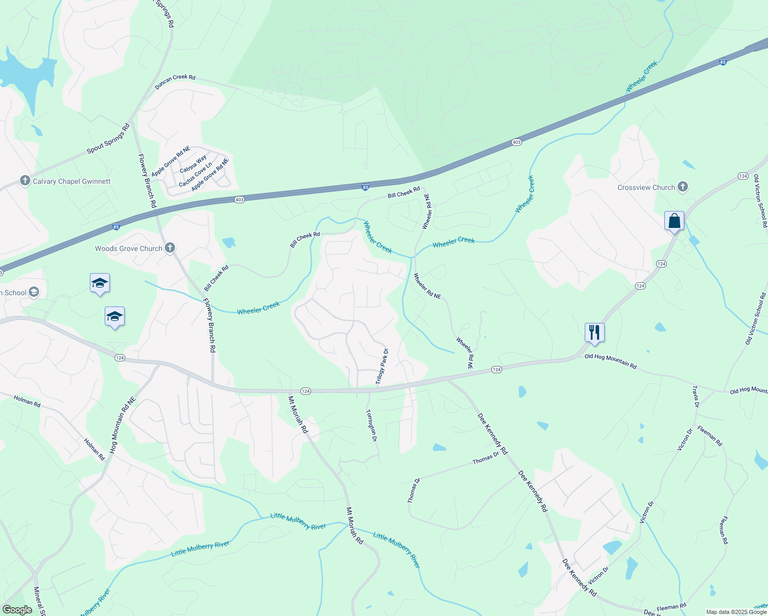 map of restaurants, bars, coffee shops, grocery stores, and more near 5093 Heartland Tr Northeast in Hoschton