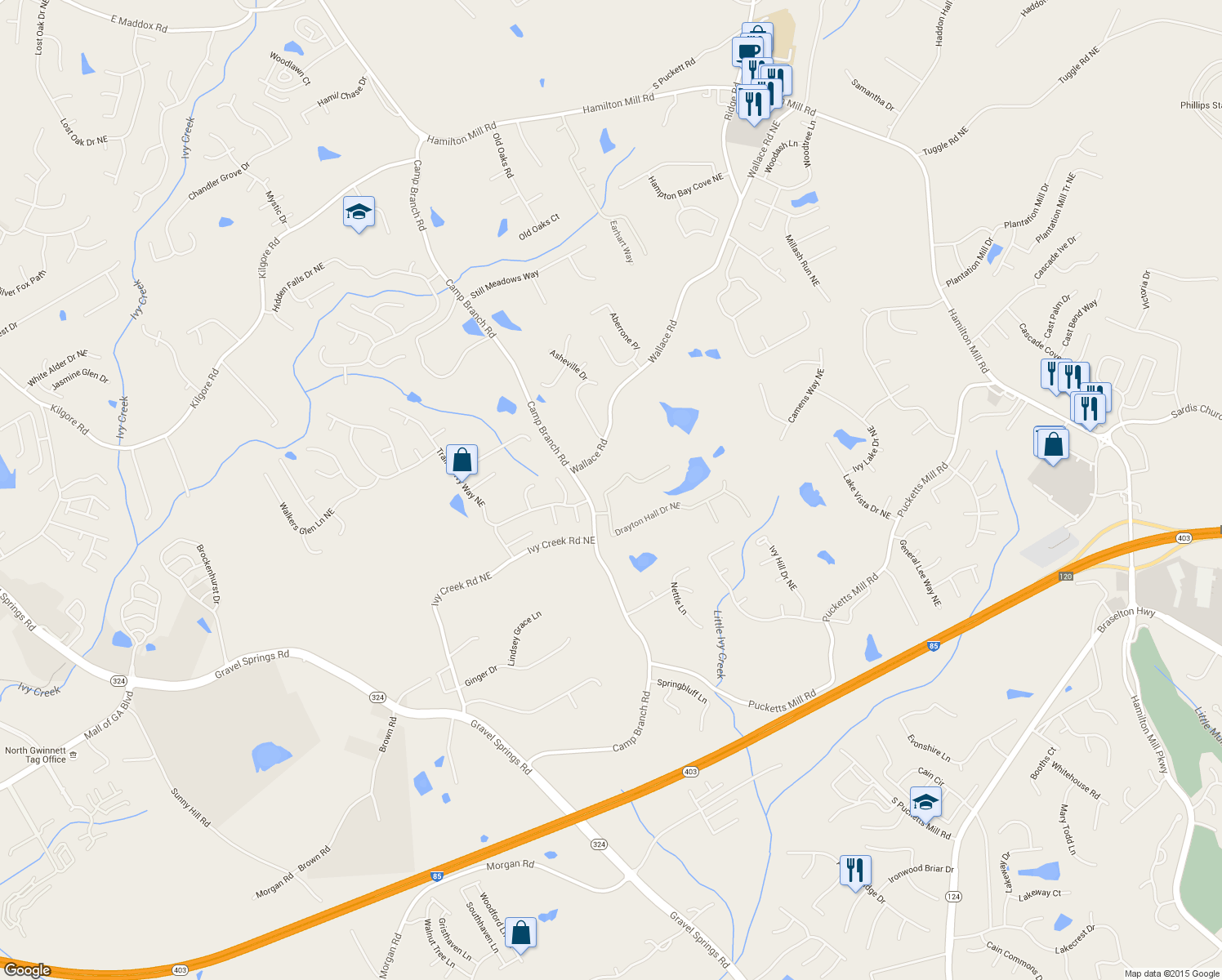 map of restaurants, bars, coffee shops, grocery stores, and more near 2855 Drayton Hall Drive Northeast in Buford