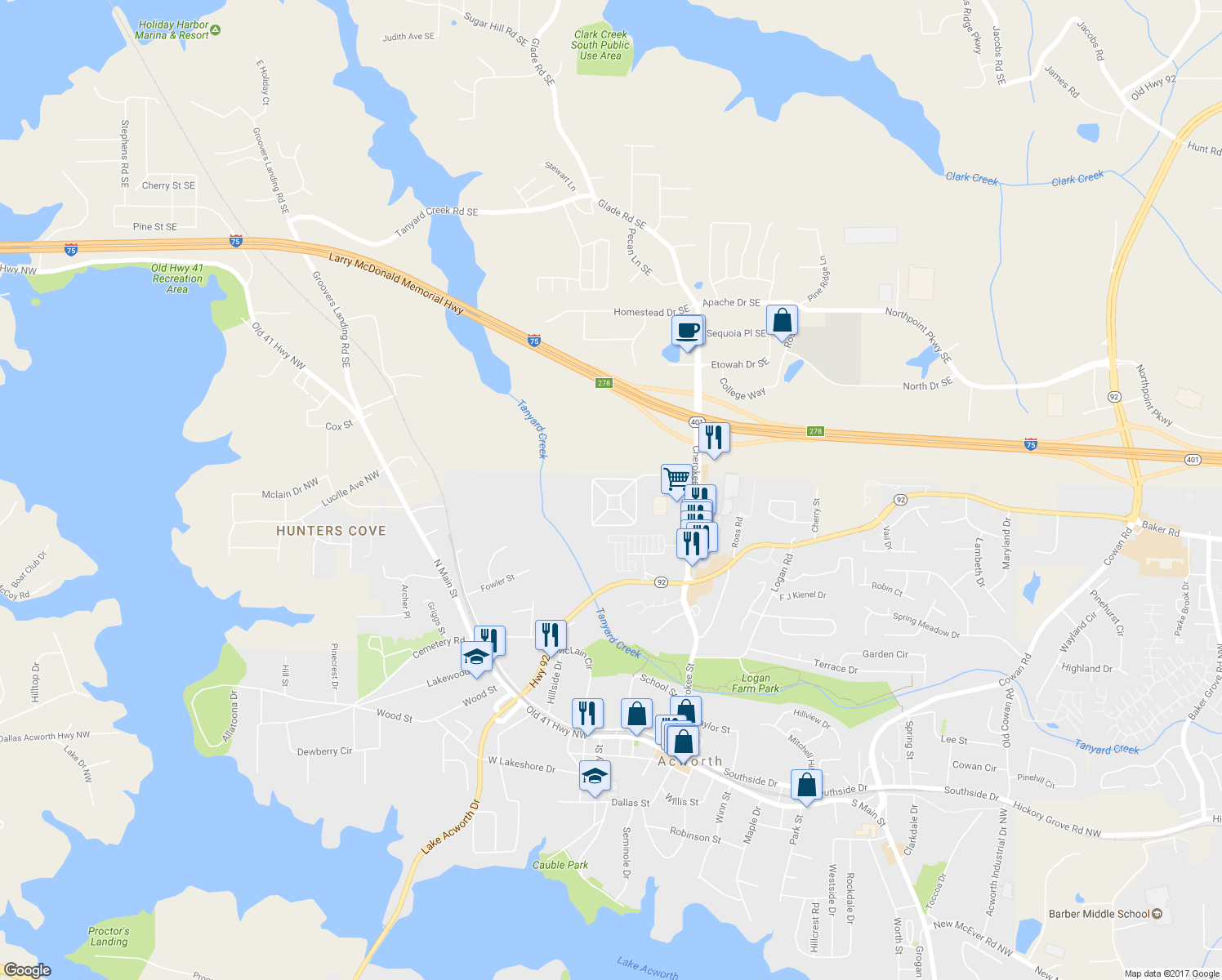 map of restaurants, bars, coffee shops, grocery stores, and more near 4808 Liberty Plaza in Acworth