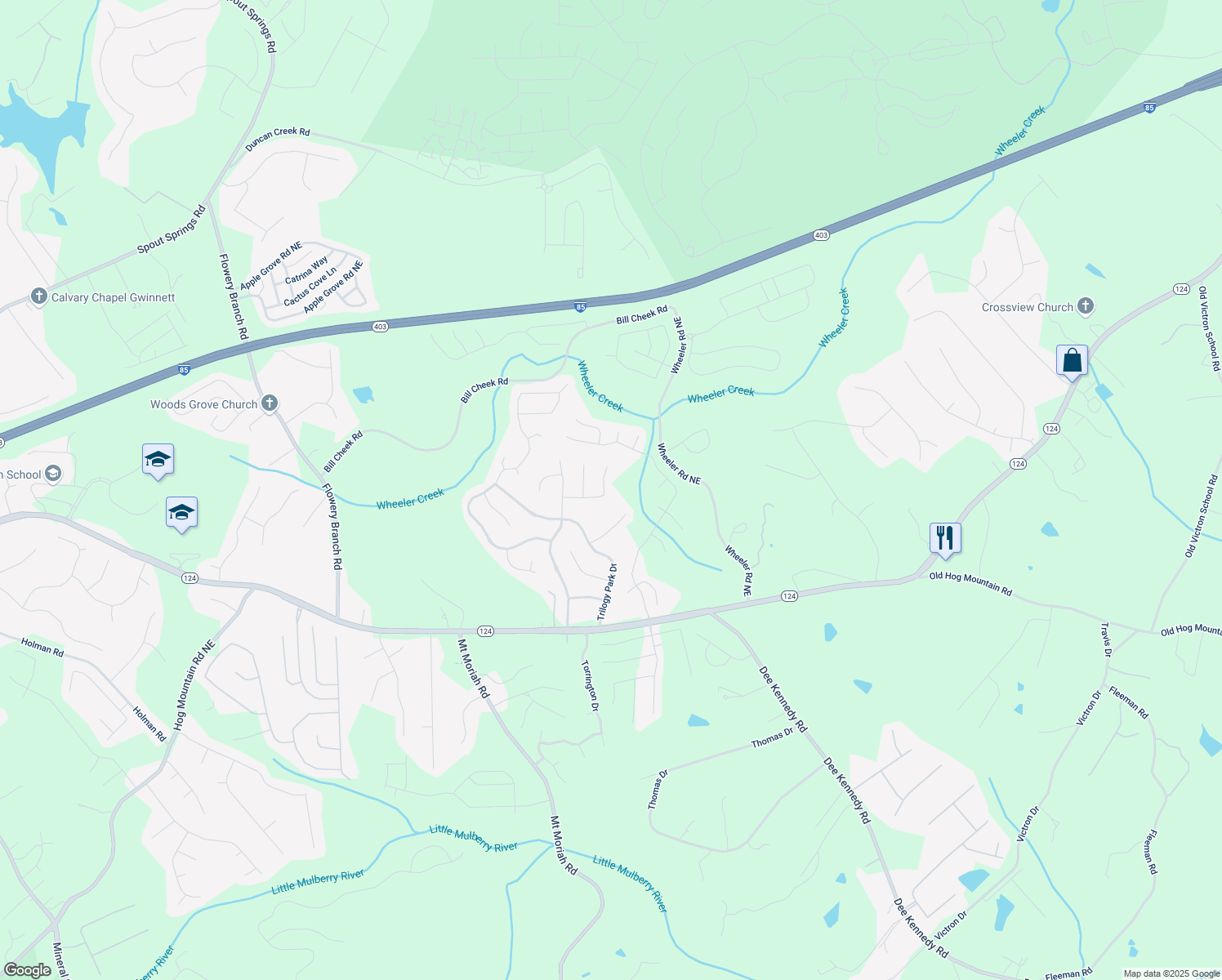 map of restaurants, bars, coffee shops, grocery stores, and more near 5113 Heartland Trail Northeast in Hoschton