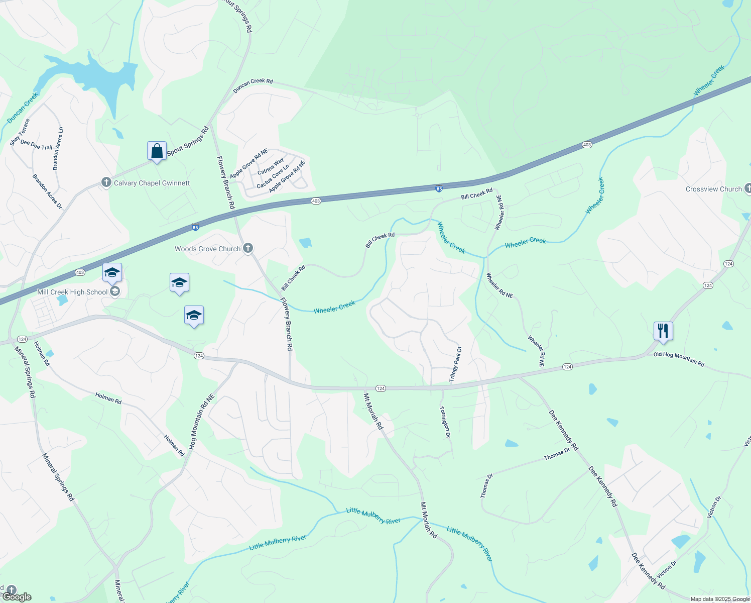 map of restaurants, bars, coffee shops, grocery stores, and more near 4715 Trilogy Park Trail Northeast in Hoschton