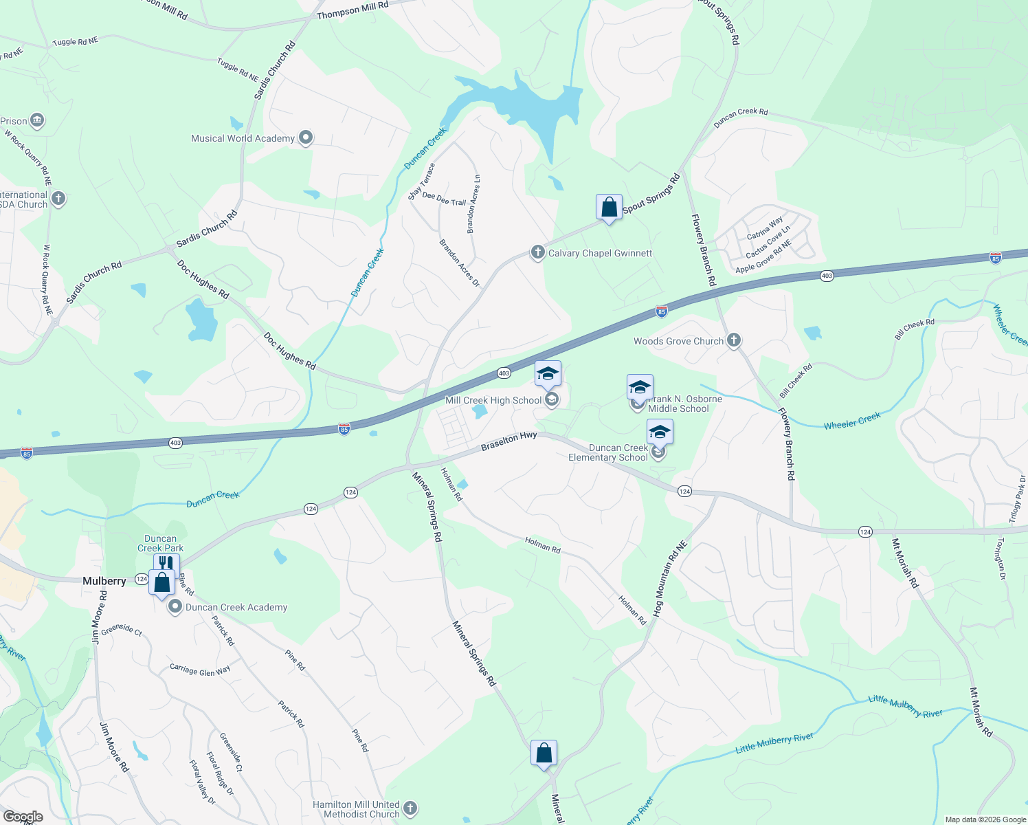 map of restaurants, bars, coffee shops, grocery stores, and more near 2052 Millcrest Drive in Hoschton