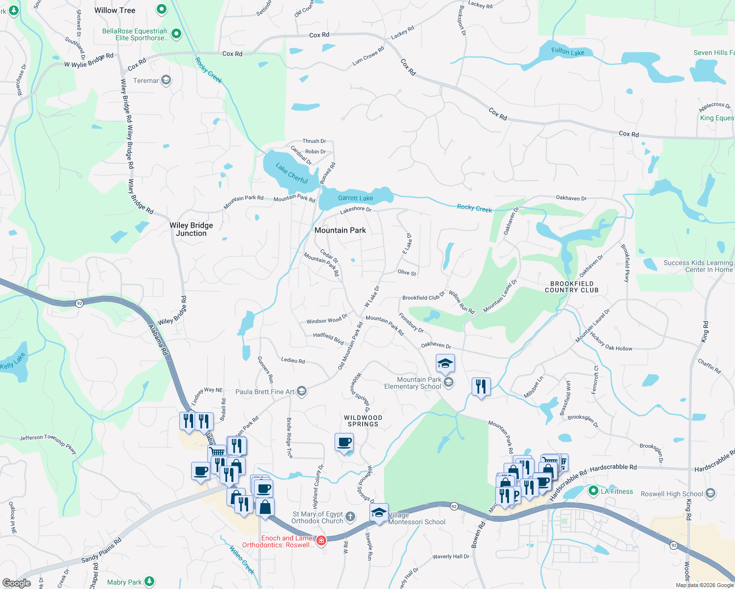 map of restaurants, bars, coffee shops, grocery stores, and more near 175 West Lake Drive in Roswell