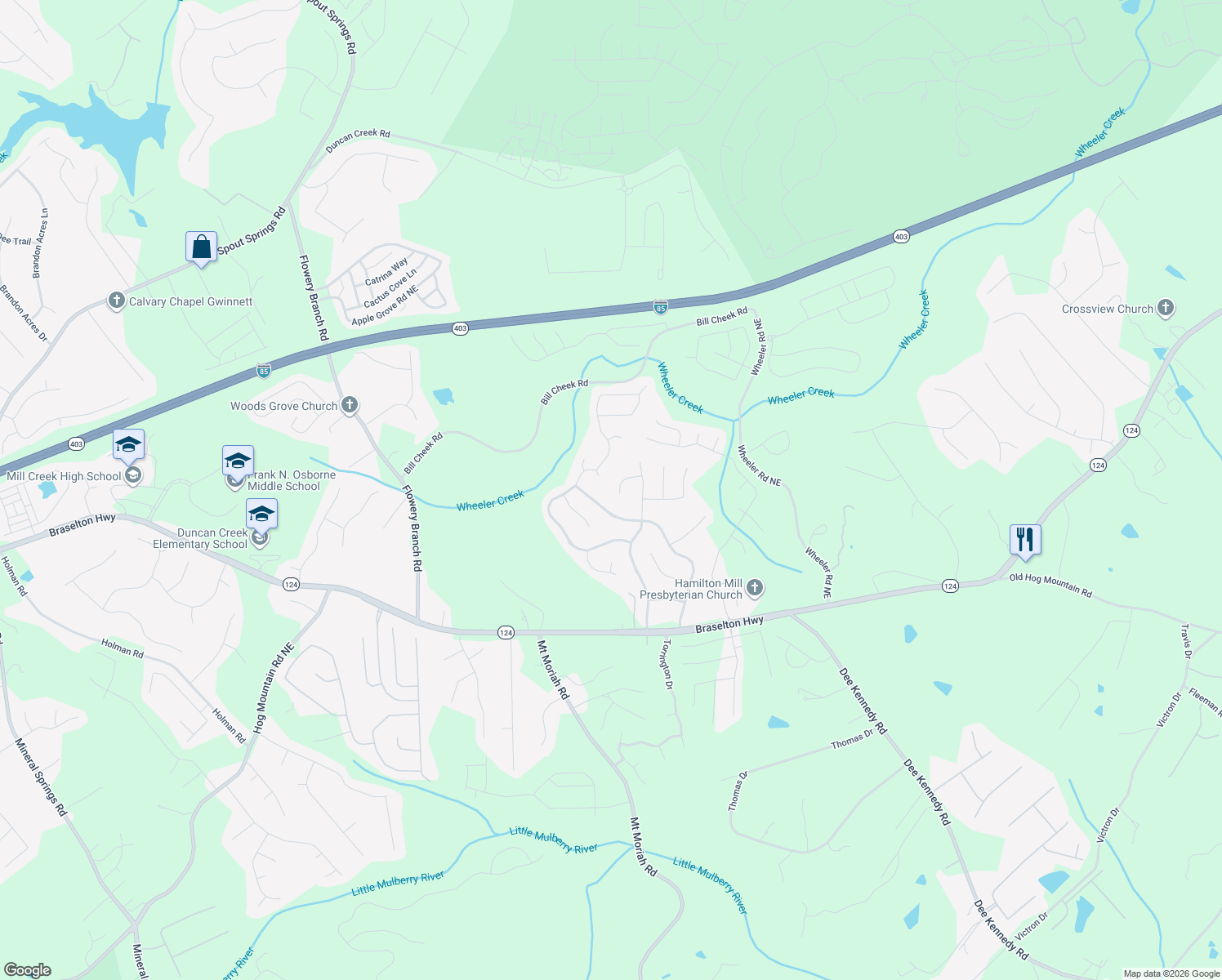 map of restaurants, bars, coffee shops, grocery stores, and more near 4948 Country Wood Trail Northeast in Hoschton