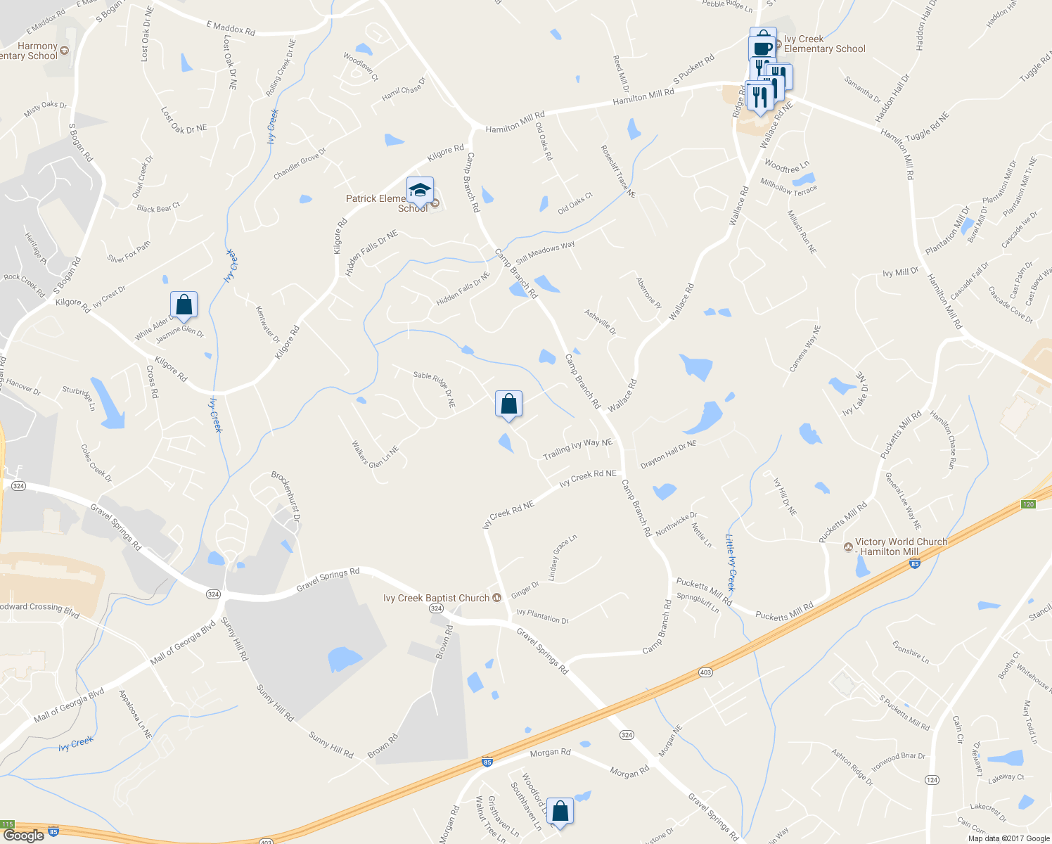 map of restaurants, bars, coffee shops, grocery stores, and more near 2922 Heart Pine Way Northeast in Buford