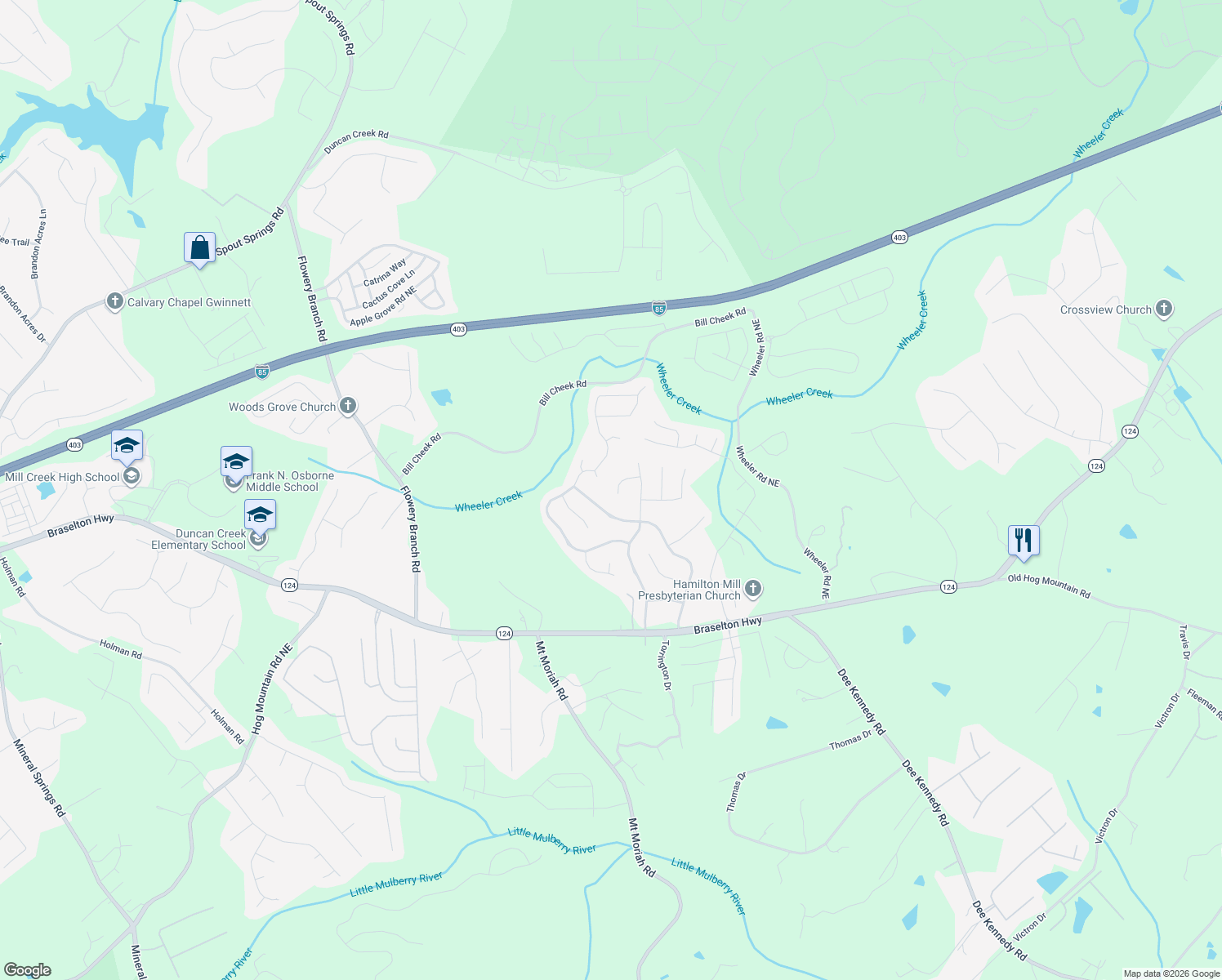 map of restaurants, bars, coffee shops, grocery stores, and more near 4948 Country Wood Trail Northeast in Hoschton