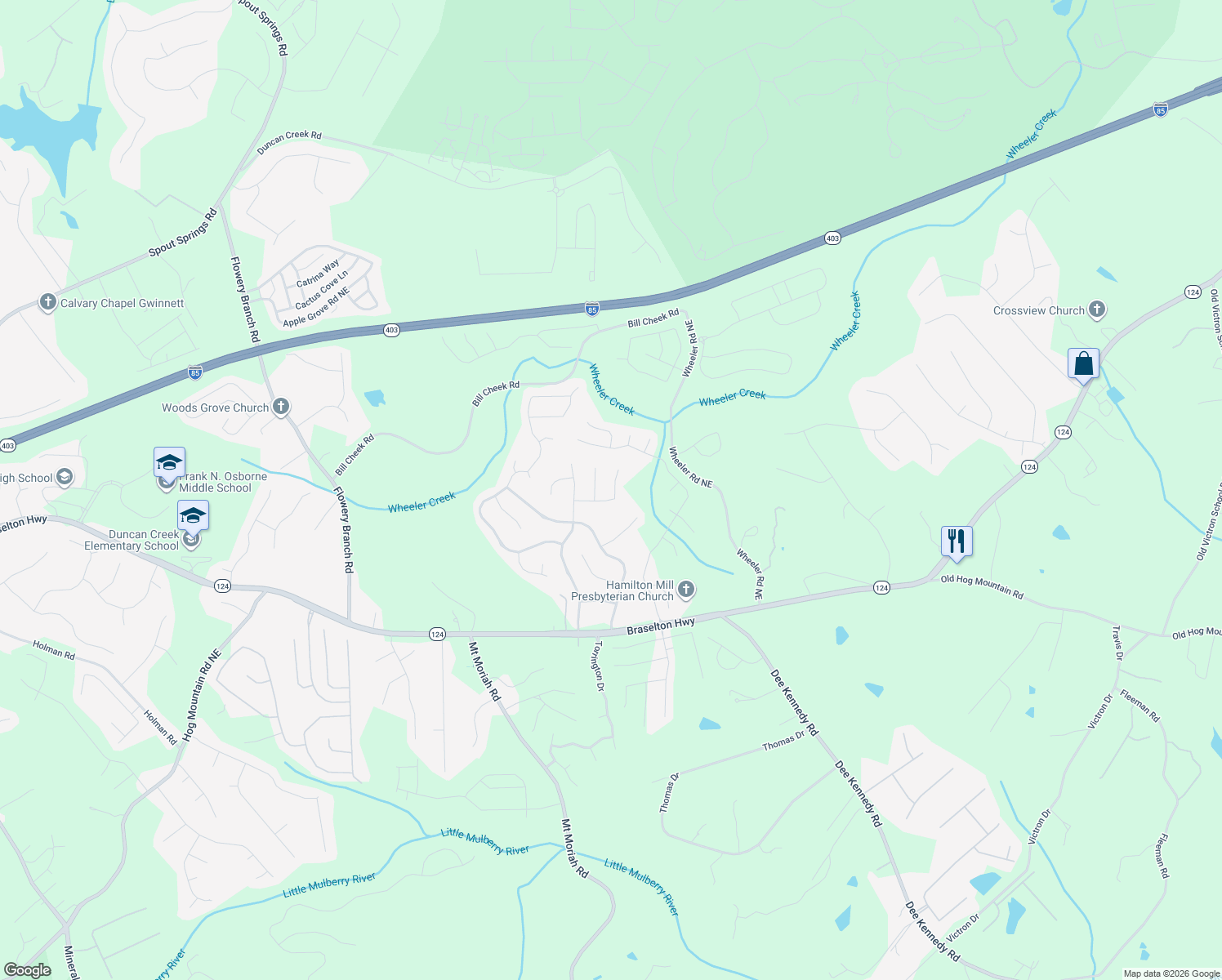 map of restaurants, bars, coffee shops, grocery stores, and more near 5122 Heartland Tr Northeast in Hoschton