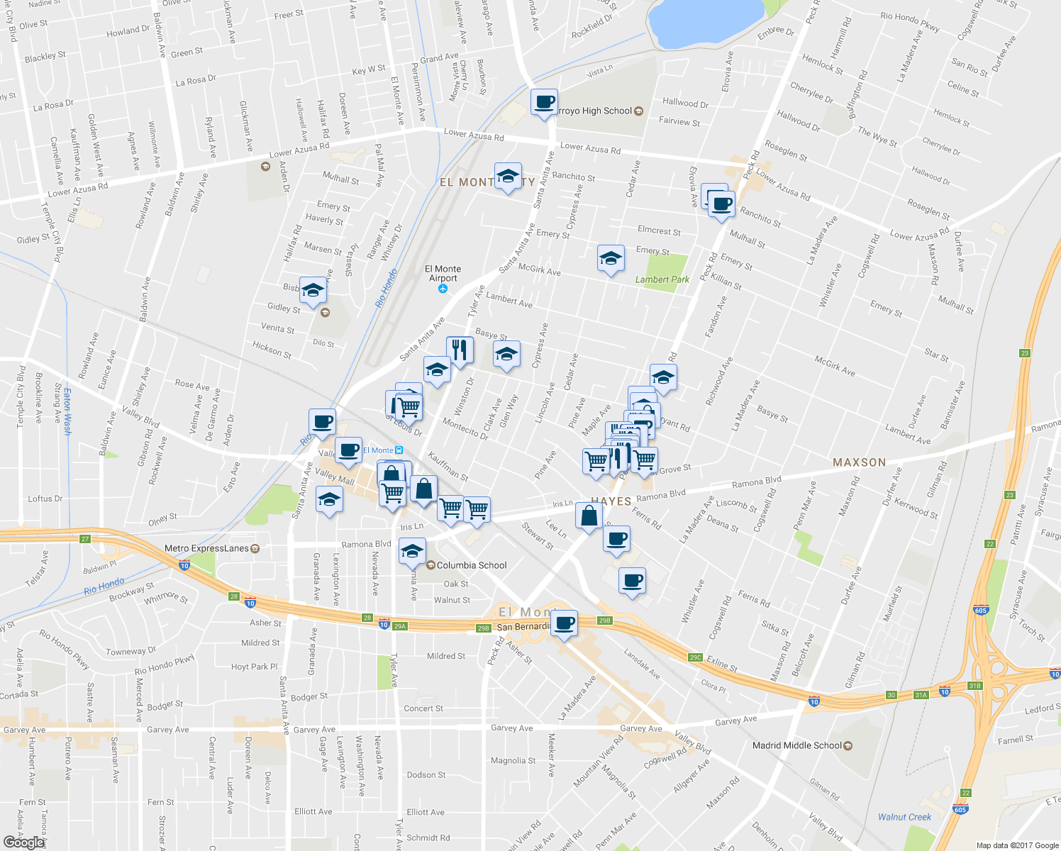 map of restaurants, bars, coffee shops, grocery stores, and more near 3837 Lincoln Avenue in El Monte