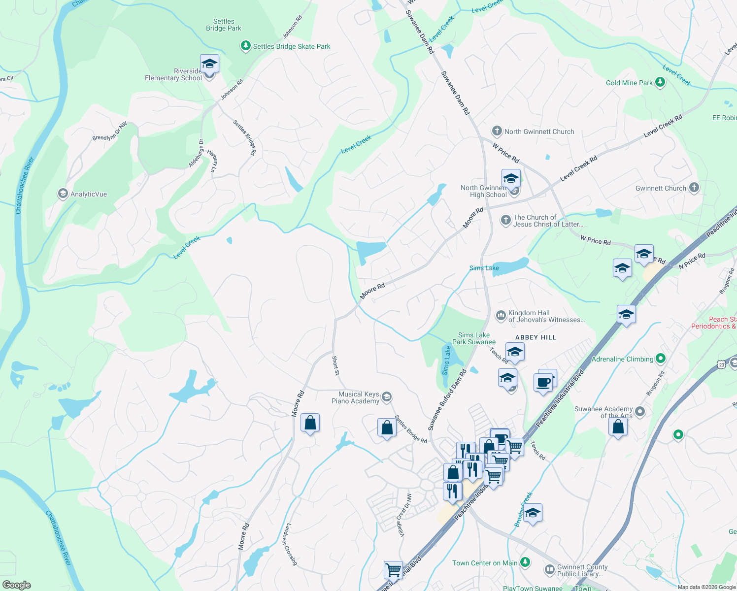 map of restaurants, bars, coffee shops, grocery stores, and more near 4722 Bramble Rose Lane in Suwanee