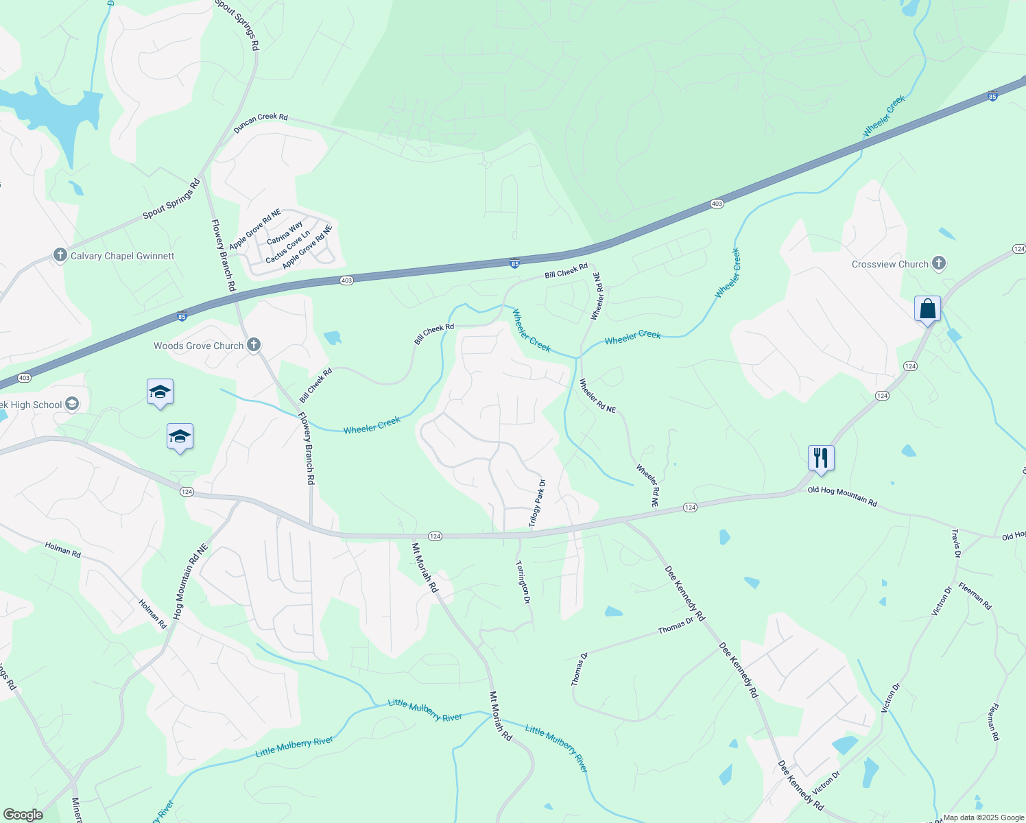 map of restaurants, bars, coffee shops, grocery stores, and more near 1554 Heartland Path Northeast in Hoschton