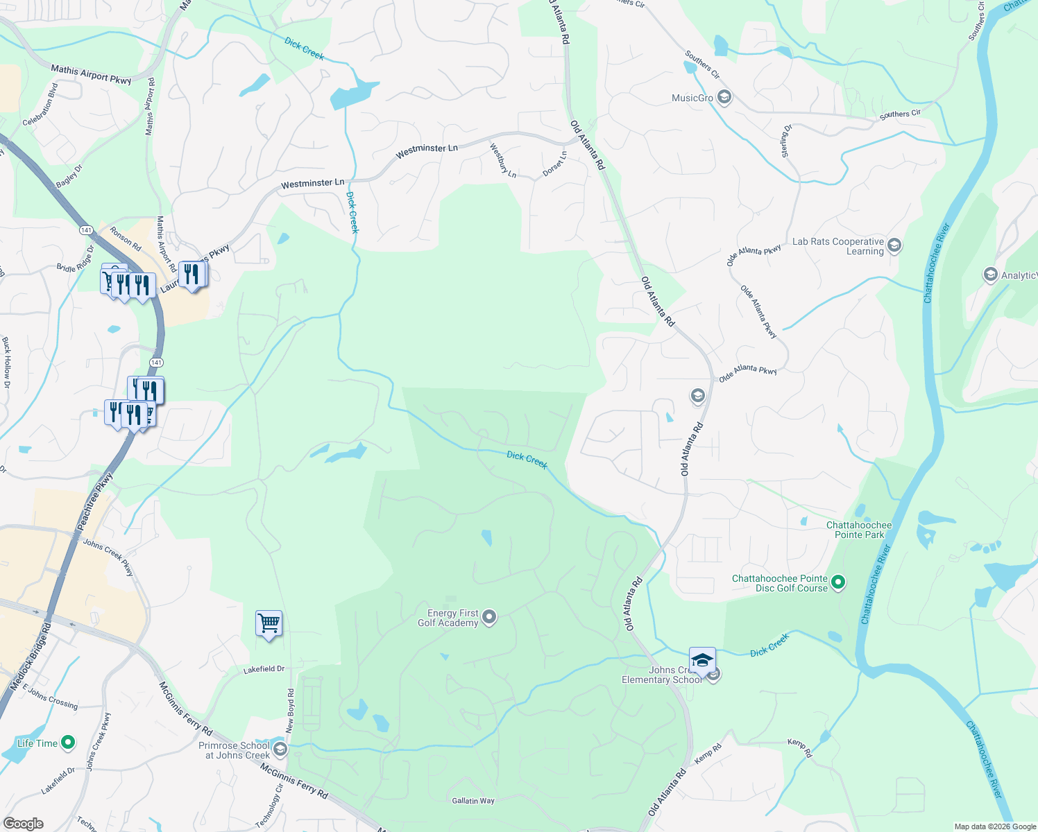 map of restaurants, bars, coffee shops, grocery stores, and more near 8650 Valderama Drive in Duluth