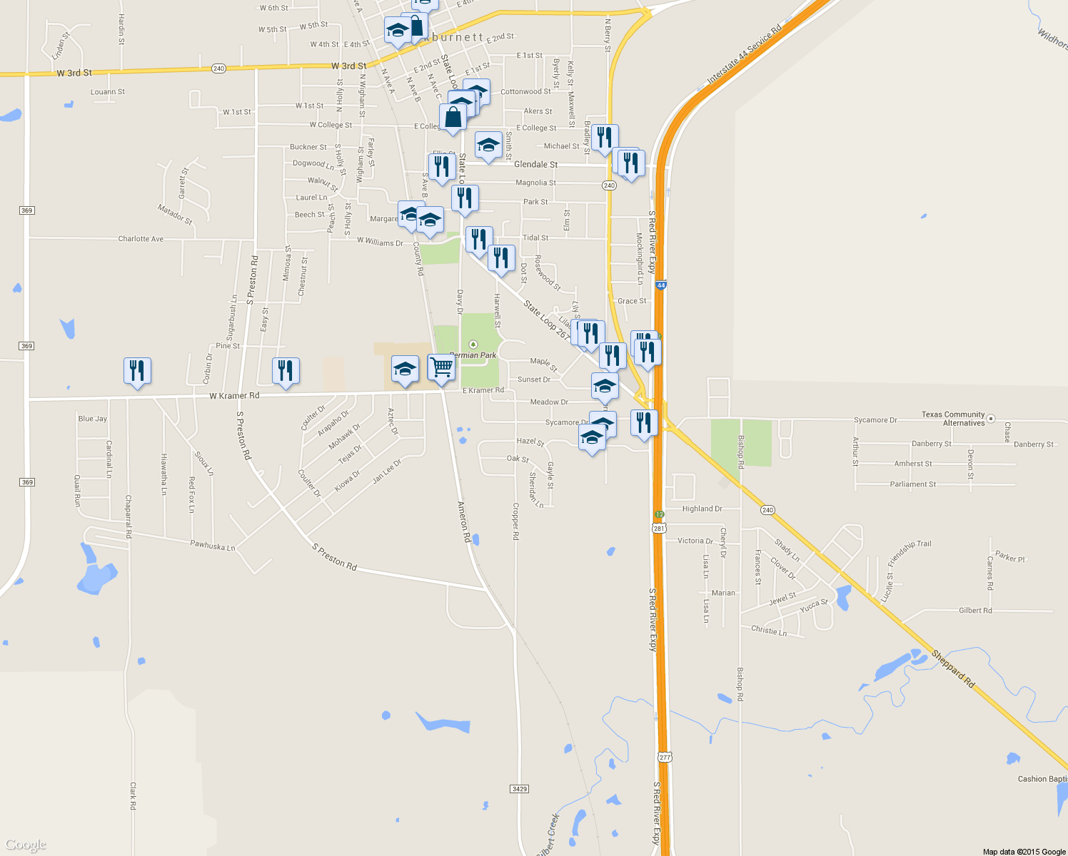 map of restaurants, bars, coffee shops, grocery stores, and more near 608 Sycamore Drive in Burkburnett