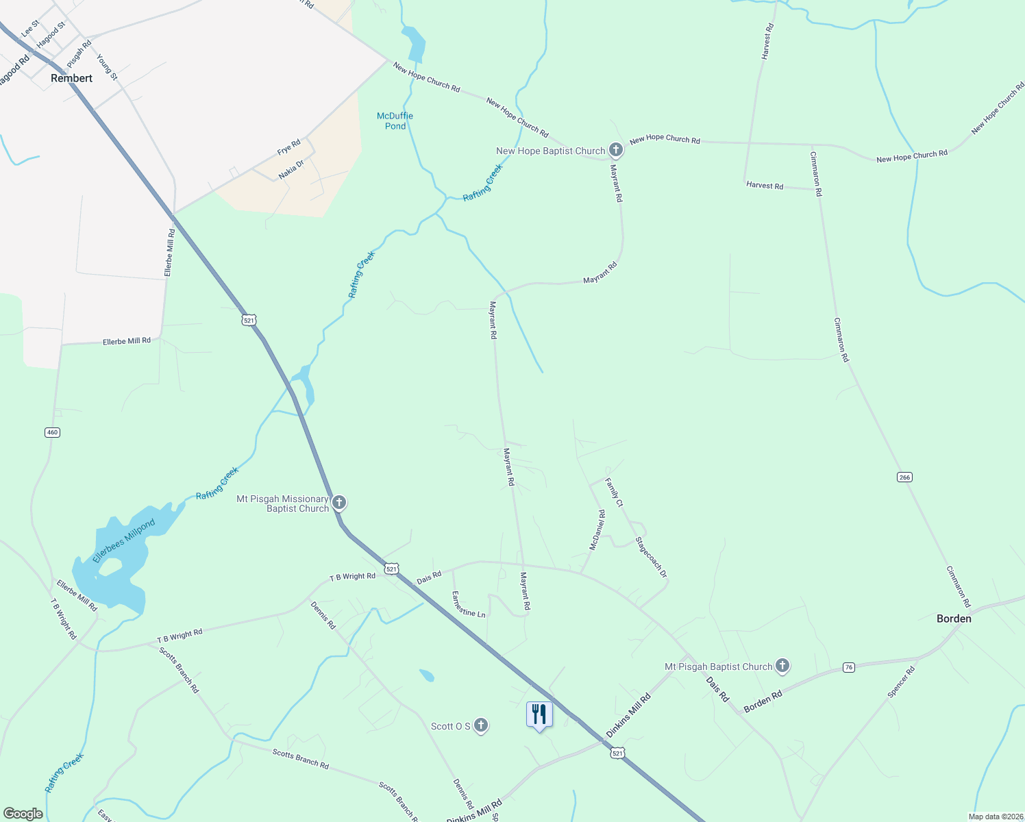 map of restaurants, bars, coffee shops, grocery stores, and more near 5495 Mayrant Road in Rembert