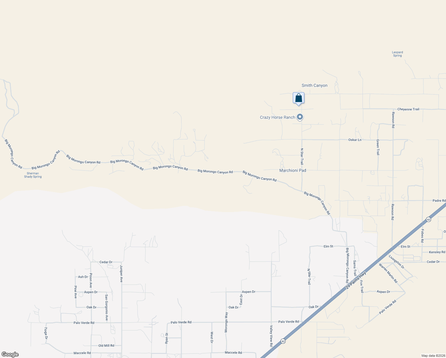 map of restaurants, bars, coffee shops, grocery stores, and more near 49979 Big Morongo Canyon Road in Morongo Valley