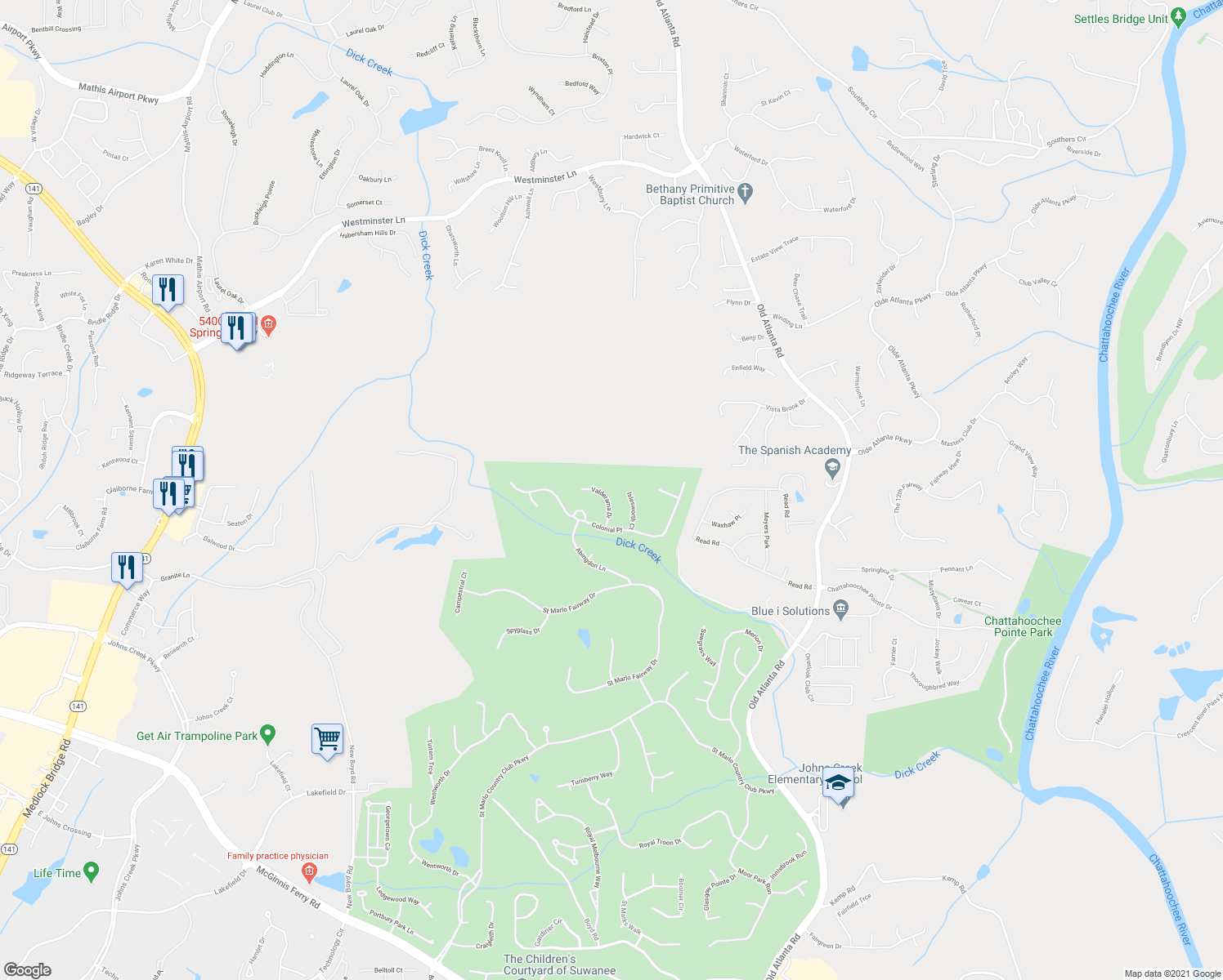 map of restaurants, bars, coffee shops, grocery stores, and more near 8650 Valderama Drive in Duluth