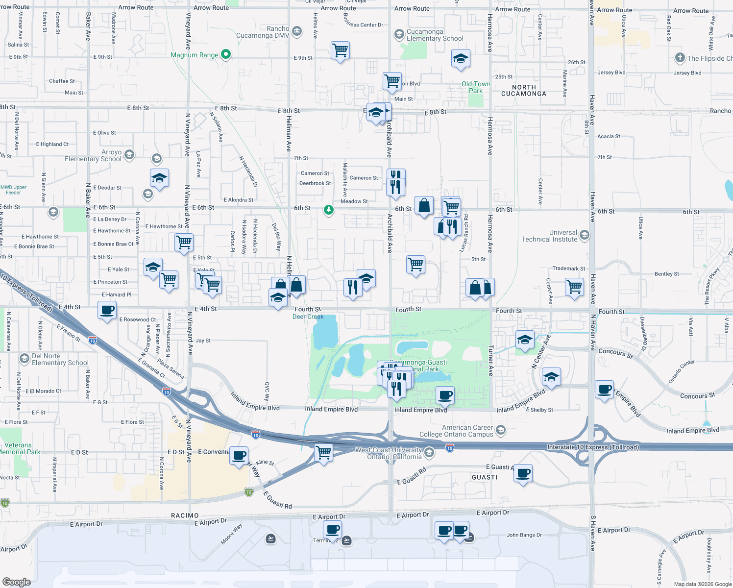 map of restaurants, bars, coffee shops, grocery stores, and more near 9615 Shadowgrove Drive in Rancho Cucamonga