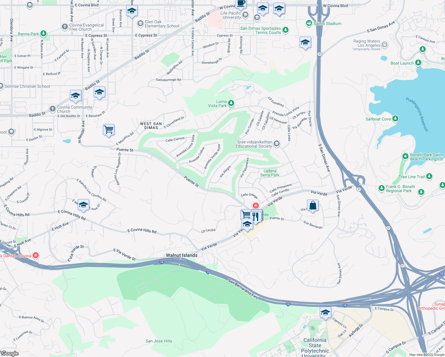 map of restaurants, bars, coffee shops, grocery stores, and more near 1722 Vía Alegre in San Dimas